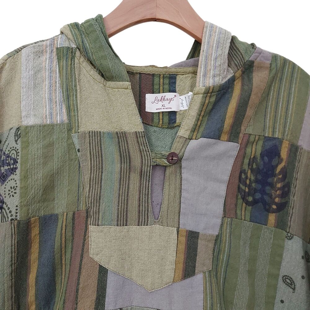 Lakhays Patchwork Hoodie Mens XL Green Mushroom Frog Cotton Festival Hippie Boho - Picture 2 of 11